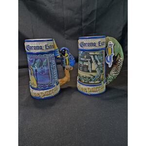 2 Vintage Corona Extra Blue Parrot Club And Palm Tree Collector Beer Stein Mug